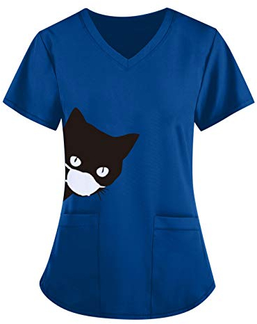 LuckyLucy Kasack Damen Pflege Einfarbig Bluse T-Shirt Schlupfkasack mit Taschen Kurzarm Rundhals Schlupfhemd Berufskleidung Krankenpfleger Zwei Taschen Uniformen, XL, A-dunkelblau
