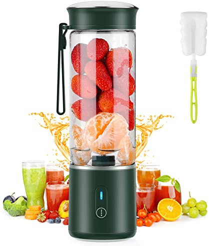 BlumWay Portable Blender, Hand Smoothie Travel Blender Cup, Fruit Mixer, 7.4V Motor Mini Blender for Fruit Juice,Milk Shakes,Baby Food, 400ML, Rechargeable,New Sharp 6 Blades for Great Mixing, Green