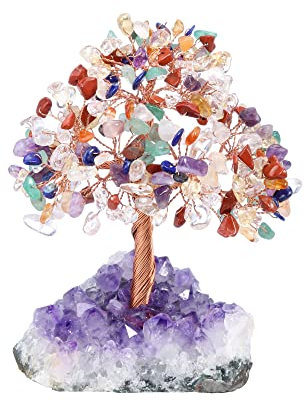 Jovivi Chakra Albero di Cristallo con Base in Geode Ametista Albero dei Soldi Cristalli e Pietre Decorazione Ornamento Albero della Vita Soprammobile Portafortuna - 7 Chakra