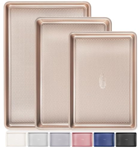 HONGBAKE Baking Tray Set of 3, Cookie Baking Sheets for Oven, Nonstick Half/Quarter/Jelly Roll Pans with Diamond Texture Pattern, 0.8mm Thickest Heavy Duty Cookie Tray, Champagne Gold