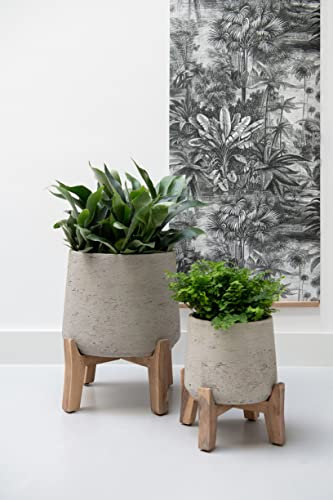 Finestgreen Patt Feet Low | Handgefertigtes Pflanzgefäß auf Holzfüßen (XXL Ø:39,5 H:43 cm, Grau) Pottery Pots