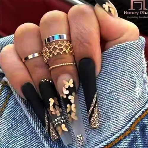 Brishow Schwarz Künstliche Nägel Lange Nägel zum Aufkleben Gold Schmetterling Press on Nails Ballerina Acryl Falsche Nägel 24 Stück für Frauen und Mädchen