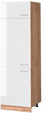 Vicco Kühlumbauschrank R-Line, Hochschrank für die Küche, Weiß Hochglanz/Goldkraft Eiche, 60 cm
