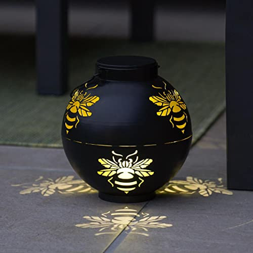 Festive Lights - Solar or Battery Powered Outdoor Metal Lantern - LED Decorative Lamp with Handle (Battery White & Colour Changing LED, Bee Lantern)