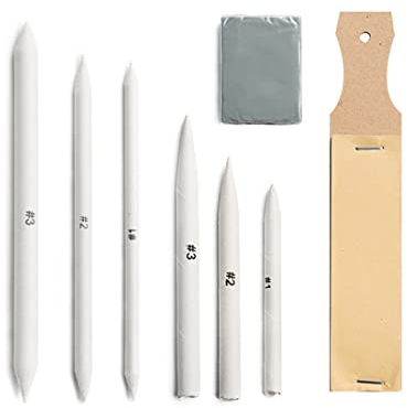 8 Stück Papierwischer Set, 6 Blending Stümps und Tortillionen,1 Schleifpapier und 1 Knetradiergummi für Skizze Zeichnen Künstler