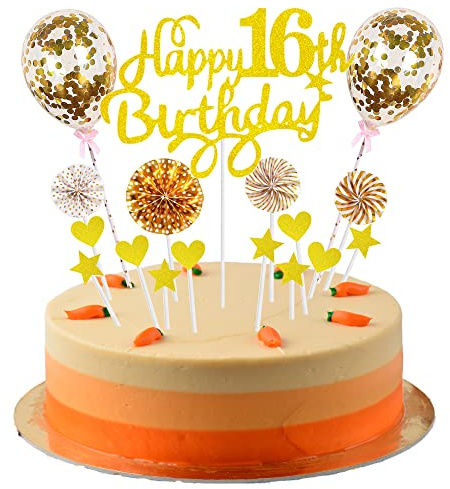 Cnrose Tortendeko junge 16. Geburtstag Hello 16 Cake Topper Gold mit Herz Stern Ballon Kuchendeko 16. Geburtstag mädchen Happy 16th Birthday Tortendeko 16 jahre mädchen junge 16 Geburtstag mädchen