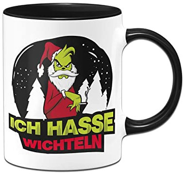 Tassenbrennerei Grinch Tasse mit Spruch: Ich hasse wichteln - Weihnachtstasse - Wichtelgeschenk zum wichteln (Schwarz)