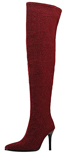 XINXINIO Donna Sexy lucido sopra il ginocchio Stivali lunghi con tacco a spillo e tappo temperamatite, Colore: rosso, 35 EU