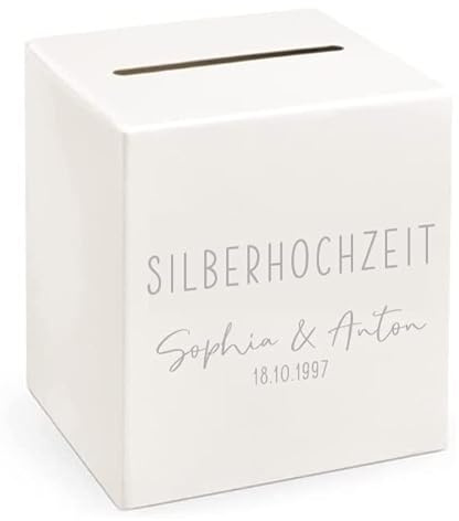 Personalisierte Geldgeschenk Box Silberhochzeit HOCHZEITSPOST 25 Jahre Ehe Jubiläum – Kuvertbox & Briefbox für Geldgeschenke – Creme & Silber mit Namen & Datum – Geschenkbox Silberhochzeit 24x24x24cm