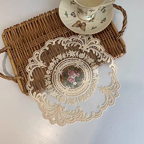 Lot de 2 napperons ronds rétro en dentelle française brodée de fleurs exquises pour décoration de la maison (beige, diamètre 28 cm)