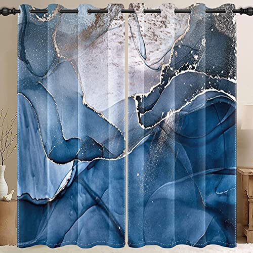 MIRRORANG Cortinas Opacas de mármol Azul, patrón de impresión de Tinta Dorada Ojal oscurecimiento de la habitación Cortinas de Ventana,Juego de 2 Paneles,117x183cm