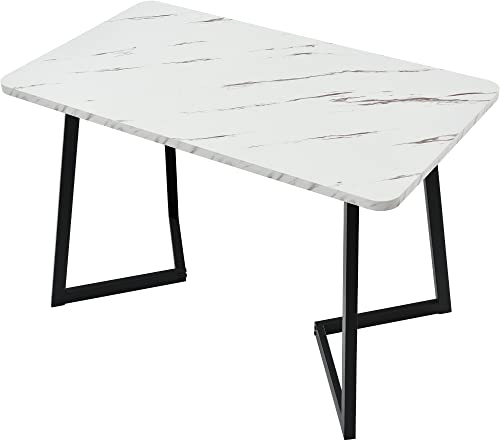 I0I&I0I Mesa de comedor rectangular de mármol con patas de metal para comedor y sala de estar, diseño moderno, tablero de fibra de densidad media, estructura de metal resistente (negro/blanco)