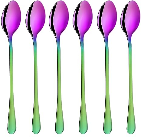 6PCS Latte Spoons Long Handle 19.5cm Rainbow Teaspoons for Iced Coffee/Tea, Stainless Steel Coffee Spoons for Hot/Cool Drinking, Cake & Dessert & Ice Cream Spoon