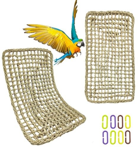 Large Bird Seagrass Mat 23.7×13.8''Natural Seagrass Woven Bird Net Hammock Climbing Rope Ladder with Hooks Chew Toy for Parrot Guinea Pig Lovebird Cockatiel Pigeon