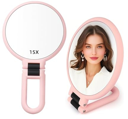 Stianiiie 1X 15X Miroir portable avec poignée de voyage, miroir grossissant, poignée de rotation réglable, pliage des deux côtés, table de voyage de maquillage de rasage