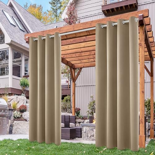 Deconovo Cortinas Exterior Porche con Protección Solar Cortinas Impermeable de Porche Exterior 2 Piezas Cortinas Opacas para Terraza Pérgolas con Ojales 132x214cm Caqui