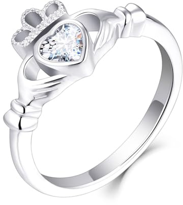 Old English Jewellers 925 Sterling Silver Cz Claddagh Irish Celtic Ring size J K L M N O P Q R S - Love Loyalty & Freindship - Rhodium Overlay