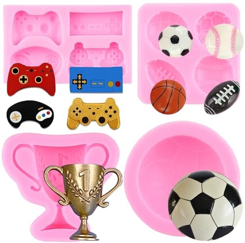 RFGHAC Football Basketball Baseball Rugby Silicone Mould Game Controller Fondant Mould Trophy Chocolate Mould for Sugar Cake Decorating Cupcake Topper Candy Polymer Clay Gum Paste Set of 4