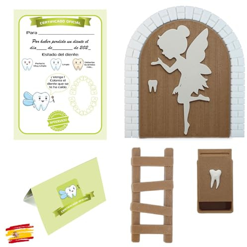 Myfuturshop® Hada de los dientes Puerta mágica + Caja para el Diente + Escalera + 4 certificados de Diente Limpio. Regalo Original para niño y niña. (MARRON CLARITO)