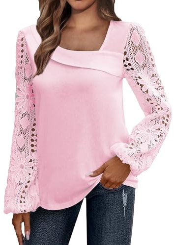 Tunique Femme Grande Taille Manches Longues Dentelle Vetement Femme Chic Chemisiers Et Blouses Femme Vetement Femme Ete Elegant Vintage Vetement Femme Ete Blouse Tops Outfits Vêtements Rose XXL HY615