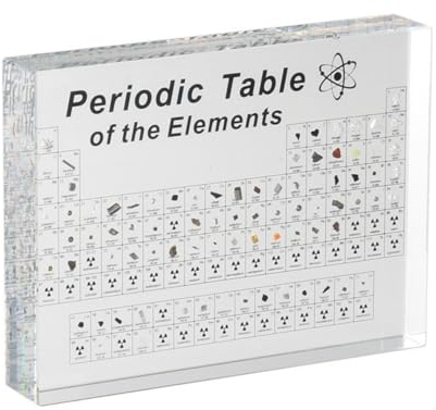 WDMJxar Periodensystem Mit Echten Elementen, 83 echten Elementen und Acryl-Stand für Wissenschaftler, Chemistry Charting-Tools, Geschenke und Handwerksdekoration, 15 x 11,4 x 2 cm