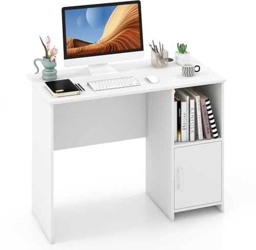 COSTWAY Compact Computer Desk, Small Wooden Study Writing Workstation with Open Compartment, Modern Simple PC Laptop Table Working Desk for Home Office Bedroom, White (with Door, 106 x 50 x 78cm)