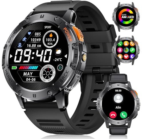 FOXBOX Military Smart Watch for Men Bluetooth Call, 1.43 AMOLED Smartwatch 530mAh 5ATM Waterproof 100+ Sports Fitness Watch Step Calorie Heart Rate Blood Pressure Sleep Monitor for Android iOS 2025