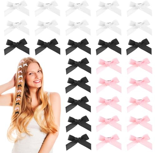 Lot de 30 pinces à cheveux mignonnes de couleur unie Kawaii antidérapantes pour cheveux - Petits nœuds en ruban - Barrettes mignonnes en satin - Pour femmes et filles