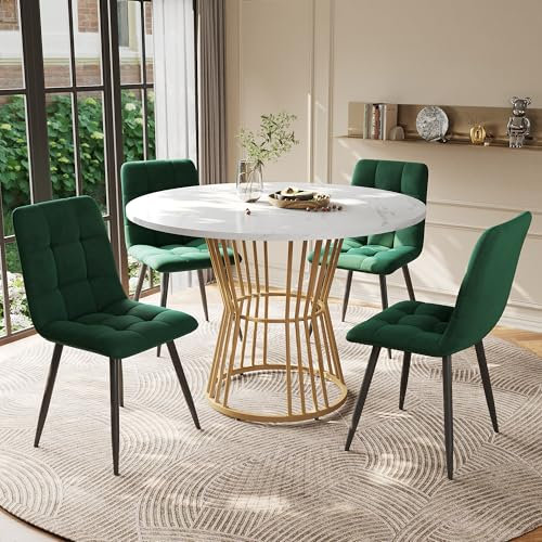 Dolamaní 5-Teilig Set - Modern Esstisch Rund mit 4 Grün Stüihlen, 100 cm Weiß MDF-Platte Tisch mit Goldene Metallbeine, Samt (4 Stühlen Grün + Esstisch C)