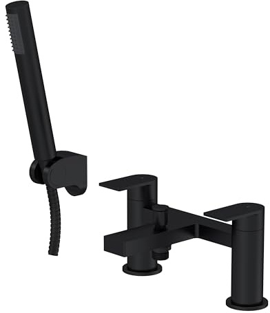 Balterley Bath Mixer Tap with Shower Kit, Dual Lever Round Bath Filler Tap, Round Head Showers for Bathrooms, Bathroom Taps with Shower Head and Hose Set - 230 x 154 x 119mm (Matt Black)