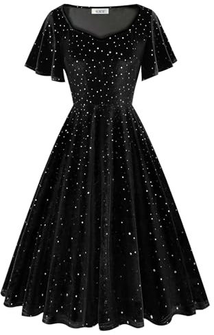 AXOE Damen Retro Samtkleid mit Pailletten A-Linien Abendkleid für Hochzeitsgast, Cocktailparty, Bühnenauftritt Flatterärmel Schwarz, Gr.40, L