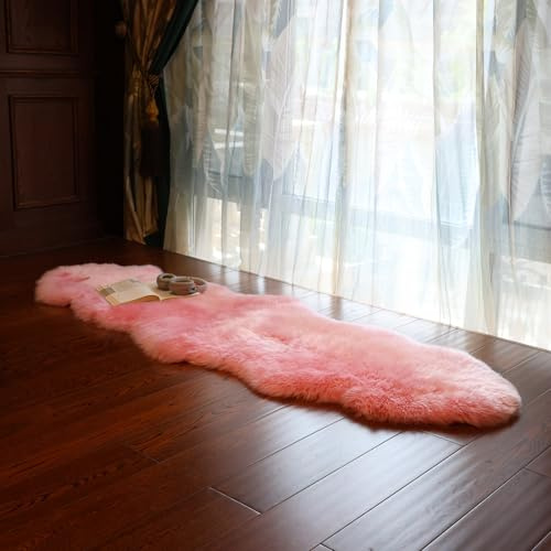 RZLWOOL Echter Schaffell-Teppich, Neuseeland, luxuriöser Lammfell-Teppich, natürlicher flauschiger Schaffell-Überwurf für Schlafzimmer, Wohnzimmer, Kinderzimmer, Premium-Bereich, Stuhlbezug, Rosa, 6 x