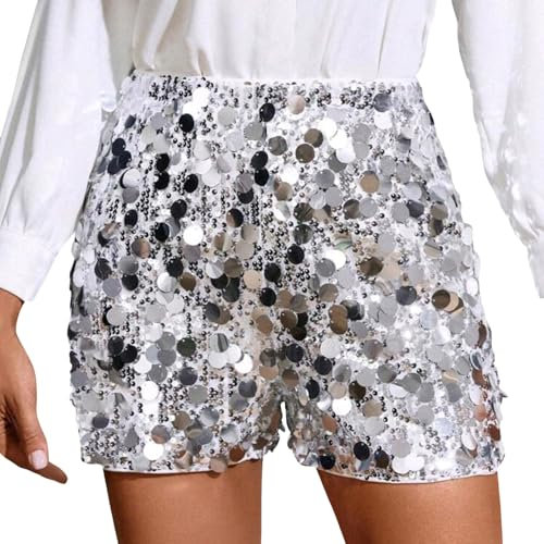Pailletten Shorts Schwarz Damen Glitzer Hose Kurz Festival Sexy Rave Outfit Glänzend Damen-Shorts mit Pailletten Glänzend Kurze Hotpants Silber Freizeitshorts Party Shorts für Karneval Nacht Clubwear