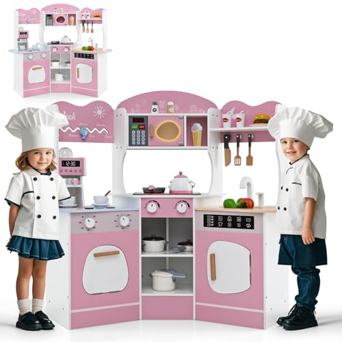 HOMASIS Kinderküche mit Licht & Sound, Spielküche mit 16 Spielzubehör, Küchenset mit Kaffeemaschine Spüle Mikrowelle Ofen Waschmaschine, Spielzeugküche Holz, Eckküche für Kinder ab 3 Jahren (Rosa)