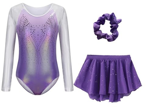 Happy Cherry Body con Gonnellino per Ginnastica Ritmica Costume Pattinaggio Artistico Ragazza Leotards da Danza Balletto Maniche Lunghe Bambina Viola 5-6 anni