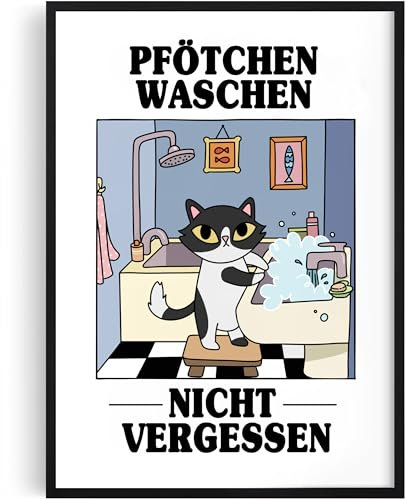 Tassenliebling® - Deko Badezimmer Bilder - Pfötchen Waschen - Poster A4 (21x30) und A3 mit oder ohne Rahmen - Deko Bad - Gäste WC Toilette Kunstdruck