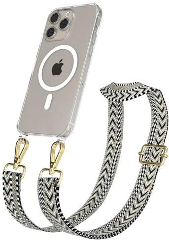 EAZY CASE Handykette - Verstellbares Taschenband kompatibel mit iPhone 15 Pro Max, Schulterriemen, Handykordel mit Silikon Hülle, Qi Charging kompatibel, Umhängetasche, Grün Schwarz Gold