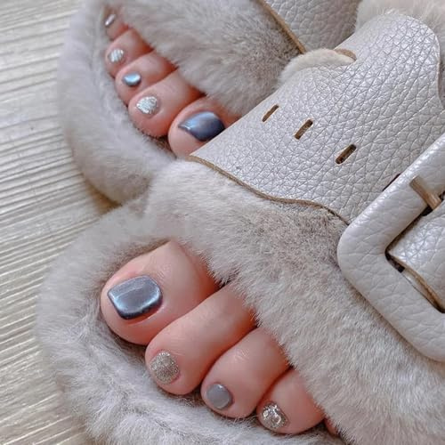 24Pcs False Toe Nails Short Square, Blue Cat Eye French Glossy Press on Toenails, Ballet Full Cover Seamless Fake Toe Nail Set, Reusable Artificial Stick on Toenail for Women Girls Nail Art Decoration
