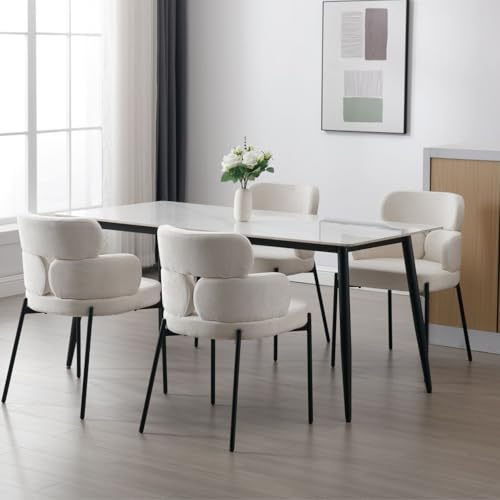 DAYALANE Lot de 4 Chaises de Salle à Manger en Chenille Chaise de Cuisine avec Accoudoirs Chaise Chambre Scandinave avec Pieds en Métal Noir, Beige