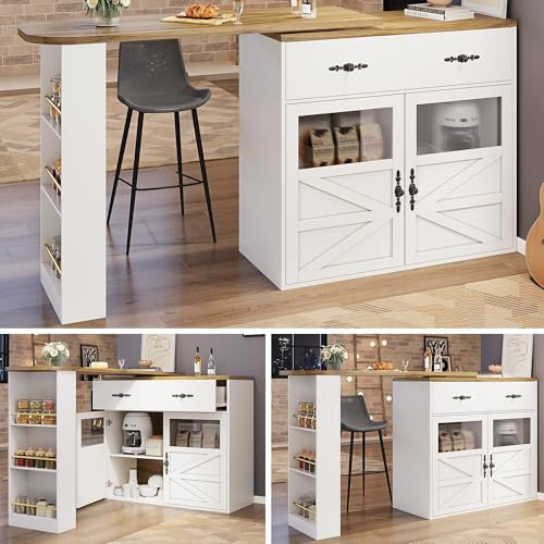 Lahoomu Ausziehbarer Bartisch mit Stauraum(138-204×39×104cm), 360° Drehbare Essbar, Beweglicher Bar Table, Hochtisch Kücheninsel Bistro Table, Sideboardschrank mit Regalen, Weiß