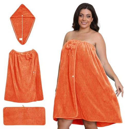 Emdelifo Badetuch-Wickeltuch in Übergröße für Damen (XXL-XXXXL), übergroßes Dusch-Wickelkleid, Spa-Bademantel, bequemer, Verstellbarer Körperwickel + Haartrockentuch + Handtuch (ORANGE, 160cmX80cm)