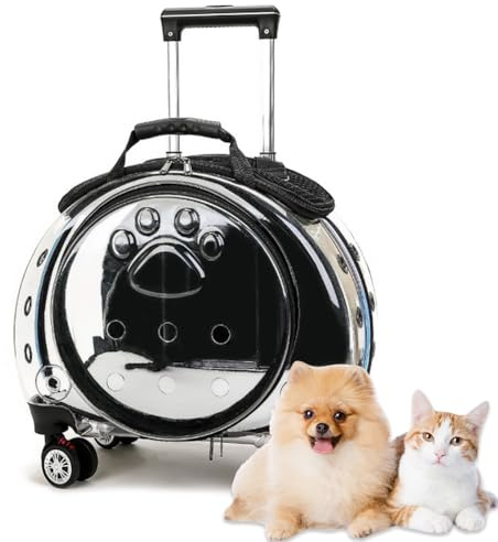 Transparent Pet Backpack, Pet Trolley Case With Ventilation Holes, Detachable Shoulder Strap, Labor-saving Design, Durable Pc Material Suitcase (Black)