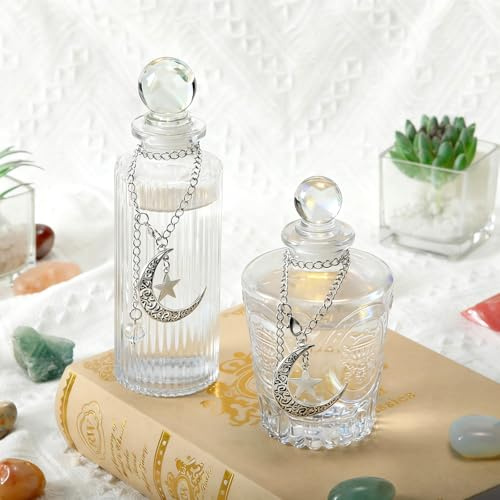 Potchen 2 Pcs Moonlight Glass Bottle with 2 Lunar Star Chain,Retro,Clear | Witchcraft Supplies Spiritual Moon Energy Water Jar Witchy Bottles with Lid for Infusing Intentions Cleansing Meditation