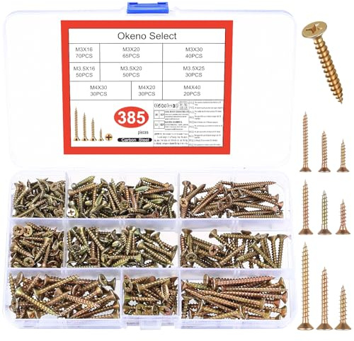 Okeno Select 385 Stück Holzschrauben Set, M3 M3.5 M4 Selbstschneidende Schrauben Senkkopfschrauben, Spanplattenschrauben Sortiment, Phillips Flachkopfschrauben für Holz und DIY Projekt Schraubenset
