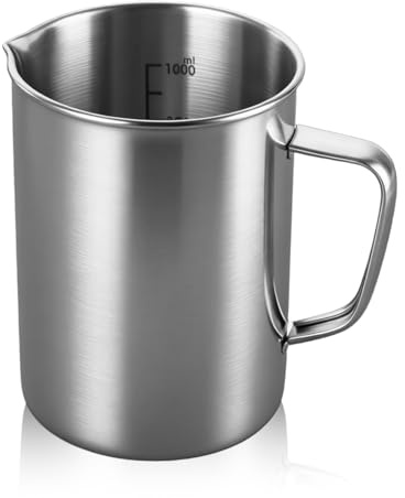 Bicchiere graduato in acciaio inox, 1 l, con marcatura e manico, 1000 ml, in metallo, protezione antigoccia, robusto per cucina, bar e tè