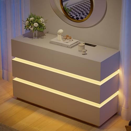 Homary Kommode Weiß 150CM LED-Kommode, 6 Schubladen, Schlafzimmerschrank Schlichte Oberfläche, Sanfte LED-Beleuchtung, 6 Schubladen für Optimalen Stauraum im Schlafzimmer