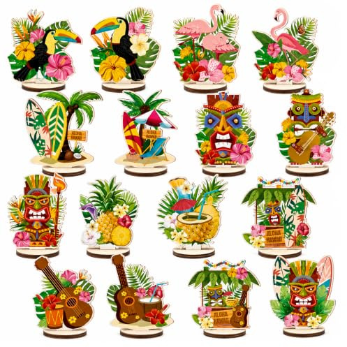 Goiern 16 Stück Holz Hawaii Tischdeko, Bunte Hawaii Centerpiece Dekoration für Sommerparty, Geburtstag und Tropische Feiern