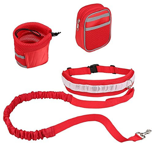 Reflektierendes Bungee-Hundeleinen-Set für Hunde, mit Flaschenhalter, Gürteltasche, Rot