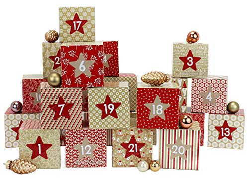 Papierdrachen DIY Adventskalender Kisten Set - Motiv Rot-beige - 24 bunte Schachteln zum Aufstellen und zum Befüllen - 24 Boxen - von Papierdrachen
