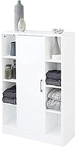House & Homestyle Kingley High Gloss Console Unit, Modern Free Standing Storage Cabinet, Home Organiser with 11 Mini Shelves/Cubby Holes and Cupboard - White Gloss (100cm x 71cm)